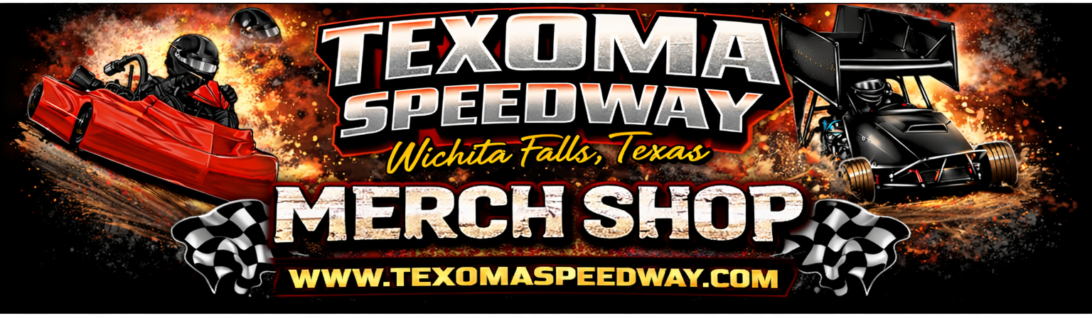 Advertisement for Texoma Speedway Merch Shop with race cars and flames on a dark background.